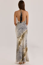 Luna Animal Print Satin Halter Neck Maxi Slip Dress