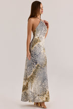 Luna Animal Print Satin Halter Neck Maxi Slip Dress