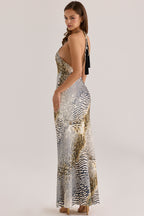 Luna Animal Print Satin Halter Neck Maxi Slip Dress