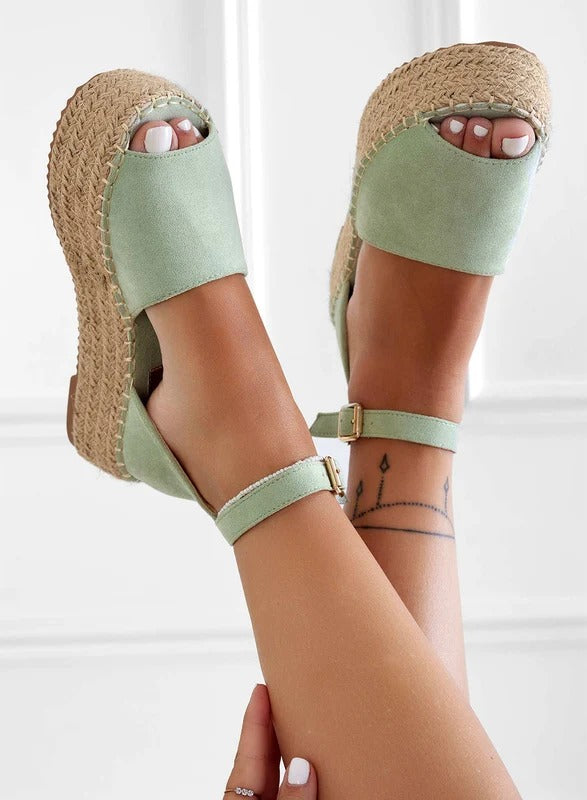 LICIA - Espadrillas beige in camoscio con zeppa e cinturino