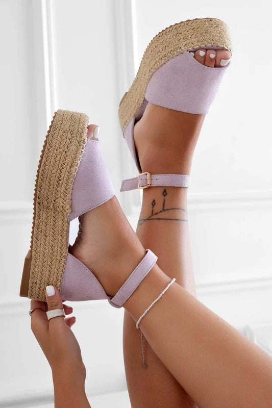 LICIA - Espadrillas beige in camoscio con zeppa e cinturino